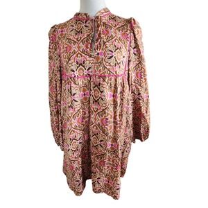 TCEC Boho Print Tie Neck Long Sleeve Mini Dress Womens Large Cottagecore Boho